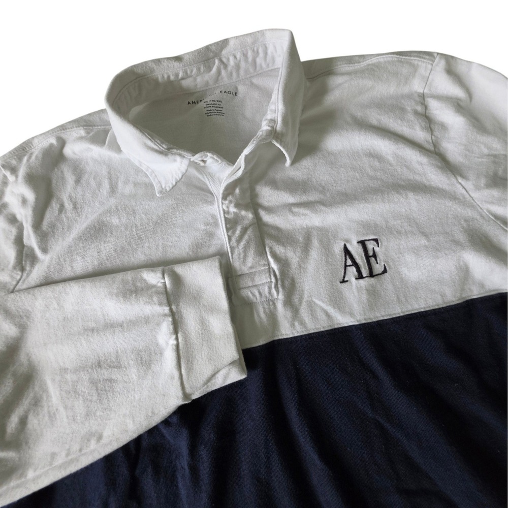American Eagle Mens Rugby Shirt White Navy Colorblock Embroidered Logo AE XXL